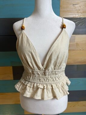 Sim & Sam Linen Cotton Crop Beaded Tank top Minimalist Boho Cottage V-Neck